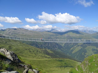 Suspension Bridge, Stubnerkogel, Bad Gastein, Austria. The 140 m long and one metre wide bridge was built as a swinging rope construction. 