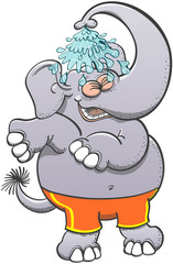 Cool gray elephant with big ears, long trunk and prominent belly while wearing orange shorts, smiling animatedly and having fun by taking a shower with water coming from its own trunk