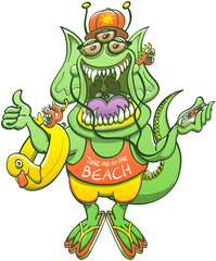 Green monster with pointy ears, long tail, sharp teeth and three eyes while smiling, listening to the music, thumbing a ride and wearing sunglasses, cap, shorts and a 