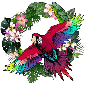 Vector portrait of Ara Macaw parrot. Decorated with exotic palm leaves and flowers. Wild African animals collection in hand drawn color style.