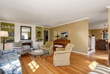 American living room interior with classic sofa set and hardwood floor.