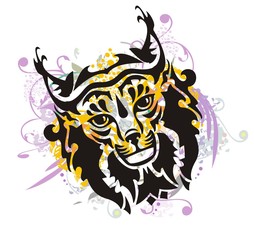 Tribal grunge lynx head. Grunge lynx head in orange violet splashes