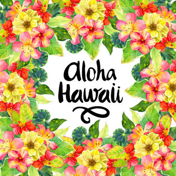 Hawaiian wreath with realistic watercolor flowers. Aloha Hawaii.