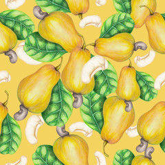 Seamless botanical pattern of watercolor cashew