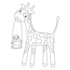 Coloring page Little cute giraffe and penguin isolated on white background for kid colouring book. Vector illustration