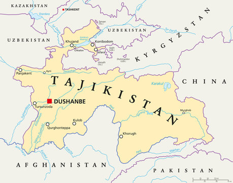 Tajikistan political map with capital Dushanbe, national borders, important cities, rivers and lakes. Republic and landlocked country in Central Asia with two small exclaves. English labeling.