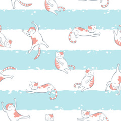 The seamless vector pattern with funny cats and stripes