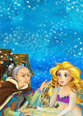Fototapeta premium Cartoon fantasy scene on underwater village - with older woman mermaid and young mermaid talking - beautiful manga girl - illustration for children