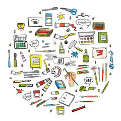 Hand drawn doodle Art and Craft tools icons set Vector illustration art instruments symbols collection Cartoon various art tools Brush Watercolor Paint Artist elements on white background Sketch