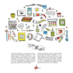 Hand drawn doodle Art and Craft tools icons set Vector illustration art instruments symbols collection Cartoon various art tools Brush Watercolor Paint Artist elements on white background Sketch