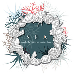 Seashells round frame concept hand drawn vector with algae, corals and plants, underwater life coral reef isolated on turquoise and white background.