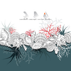 Seashells vector border turquoise concept border. Seashells isolated line art illustration with different corals, algae, sea life and background.