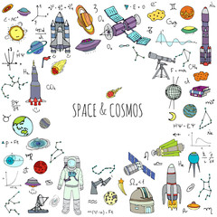 Hand drawn doodle Space and Cosmos set. Vector illustration. Universe icons. Solar system symbols collection. Rocket, Space ship, Planets, Galaxy, Milky Way, Astronaut, Tech freehand elements