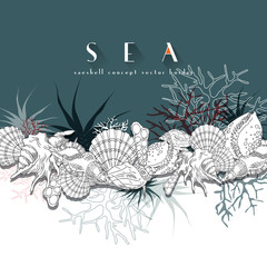 Seashells vector border turquoise concept border. Seashells isolated line art illustration with different corals, algae, sea life and background.