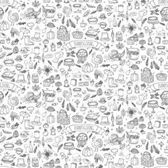 Seamless background. Hand drawn doodle Thanksgiving icons. Vector illustration autumn symbols collection. Cartoon various celebration elements: turkey, hat, cranberry, vegetables, pumpkin pie, leaves