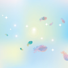 abstract pink blue background of stars and glare with bird feathers