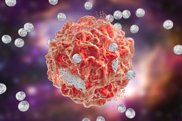 Destruction of a tumor cell by nanoparticles. 3D illustration. Can be used also to illustrate effect of drugs, medicines, microbes