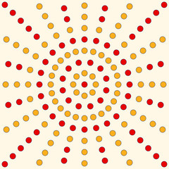 Pattern with symmetric geometric ornament. Abstract repeated bright circles background. Sun rays backdrop.