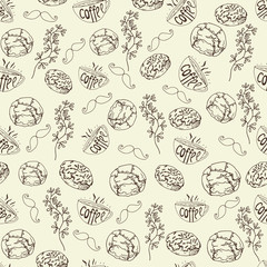 seamless pattern, time, coffee, hand-drawn elements