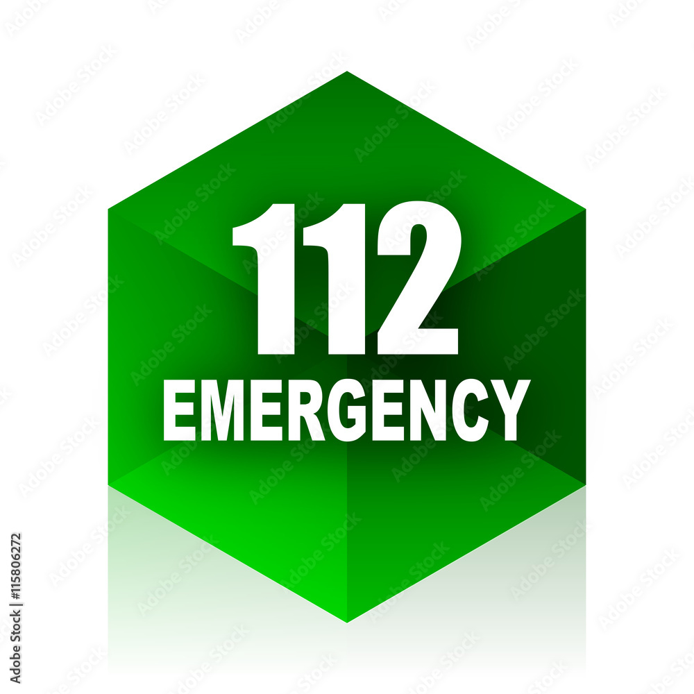Poster number emergency 112 cube icon, green modern design web element