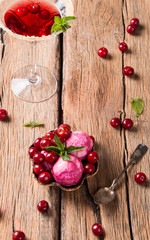Sour cherry sundae with fresh fruits on wooden background. Sweet and summer concept
