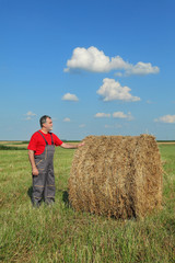 Naklejka na ściany i meble Farmer and bale of hay in field
