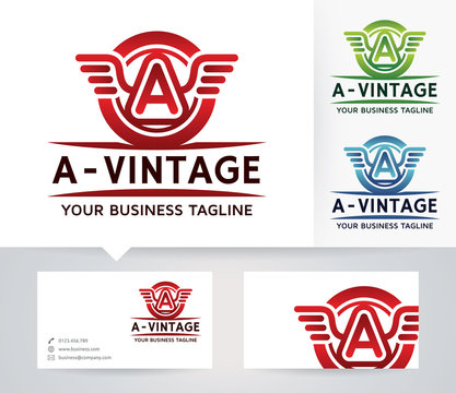 Vintage Letter A vector logo with alternative colors and business card template