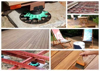 montage photo, réalisation d'une terrasse en bois exotique