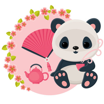 Baby panda is drinking oriental tea. Vector cartoon illustration