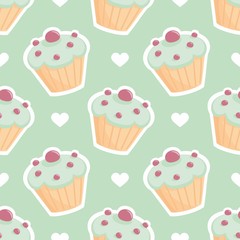 Tile vector pattern with cupcake and hearts on mint green background