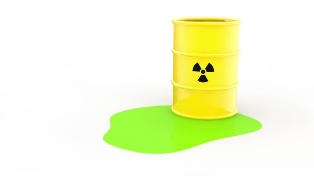 Nuclear waste leaking from a yellow barrel with radiations hazard symbol