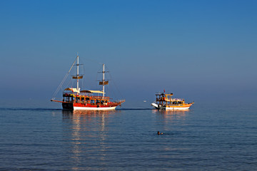 Turkish Gulet cruise boats in the early morning sun