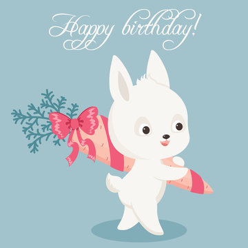 Happy birthday card with bunny carrying a carrot