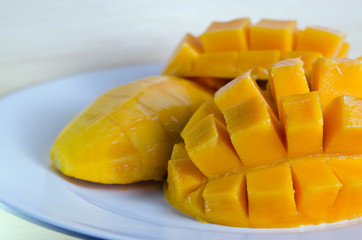 Mango nicely sliced on white plate