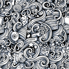 Cartoon hand-drawn doodles birthday theme seamless pattern