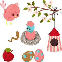 Bird's life. Cute cartoon icons over white