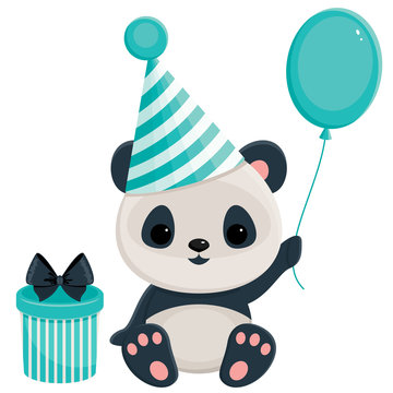 Birthday panda with gift box and balloon.
