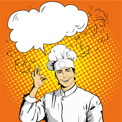 Chef with speech bubble shows OK sign. Vector illustration in retro comic pop art style. Restaurant concept