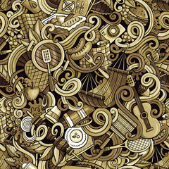 Cartoon hand-drawn picnic doodles seamless pattern