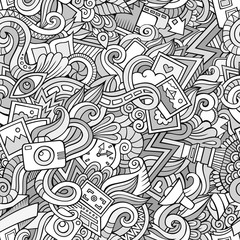 Cartoon hand-drawn doodles of photography  seamless pattern