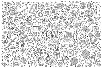 Line art vector set of picnic objects
