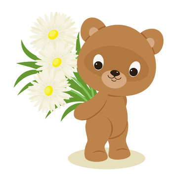 Teddy bear with a bouquet of flowers