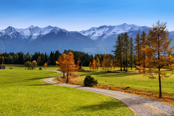 Autumn scenery of Miemenger Plateau with snow covered mountains in the background. Austria, Europe, Tyrol.