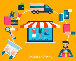 Set of flat design vector illustration concepts of online shopping, mobile marketing and digital marketing.