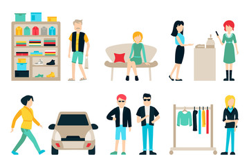 Vector shopping and shipping flat icons set. Mall Staff, Happy Buyers Isolated On White Background, Furniture, Clothes, People Vector Illustration, Graphic Editable For Your Design