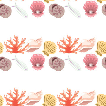 Hand-drawn illustrations. Image with seashells, coral and marine inhabitants. Seamless pattern.