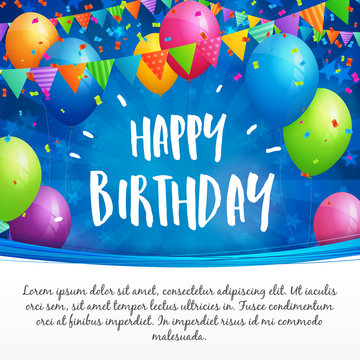 Happy Birthday greeting card with balloons, flags and confetti
