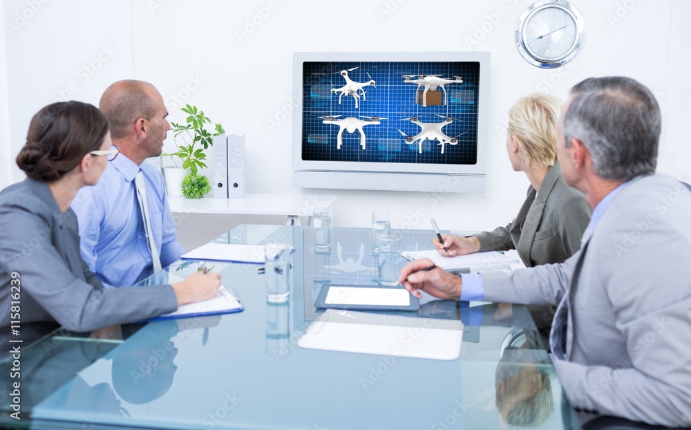 Poster composite image of business team looking at time clock