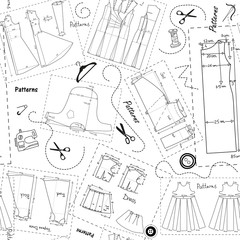Background with patterns of women clothes and elements of sewing
