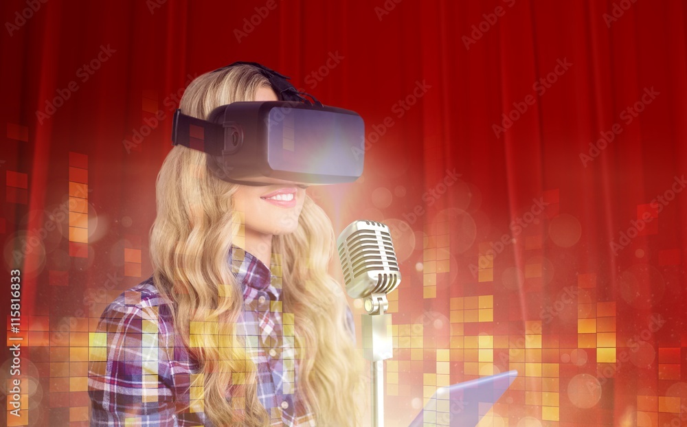 Poster composite image of pretty casual worker using oculus rift